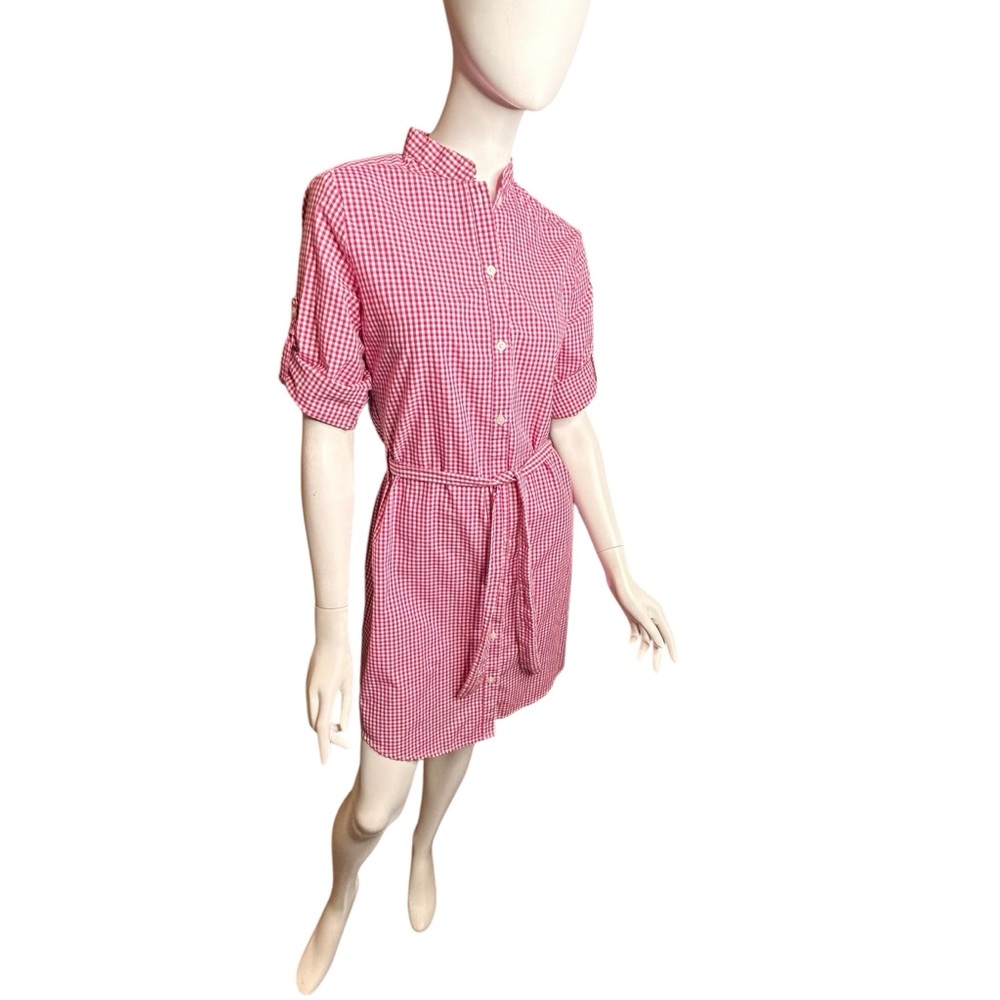 Lord & Taylor Women’s Size 4 Gingham Belted Shirt Dress Cotton Rolled Tab Sleeve